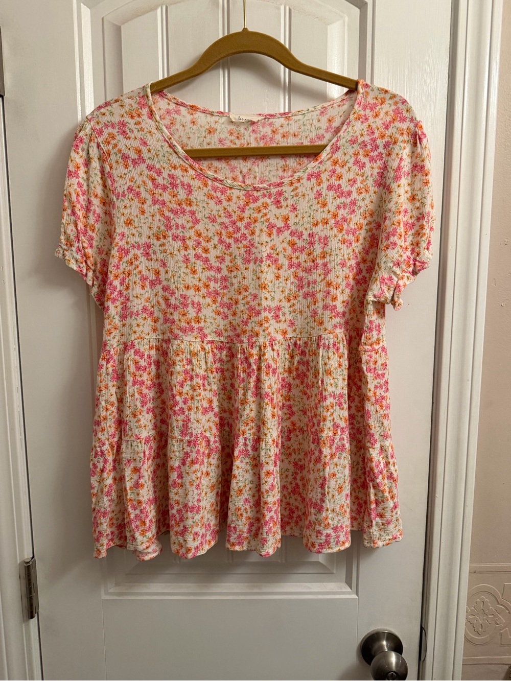 Floral Ruffled Peplum Tunic Top - Pink & Orange on Cream